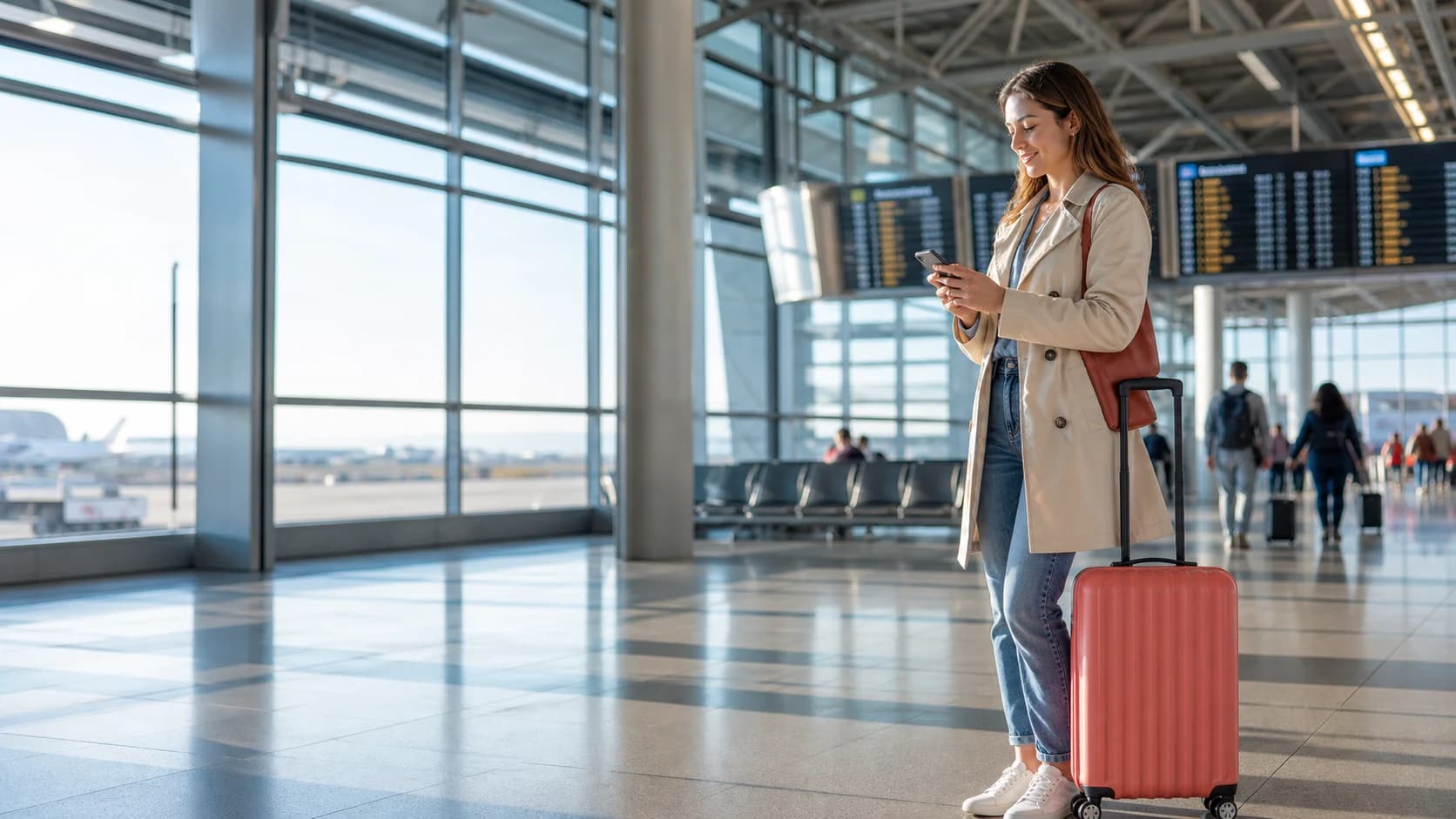 Traveler activating a global eSIM before an international flight
